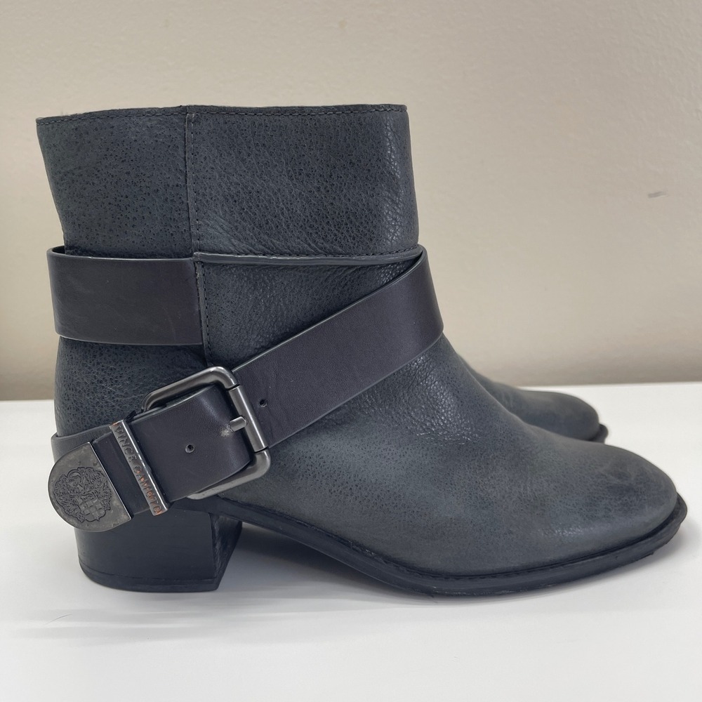 Vince Camuto Boots Womens 7M Romeo Grey Distressed Leather Buckle Moto Ankle